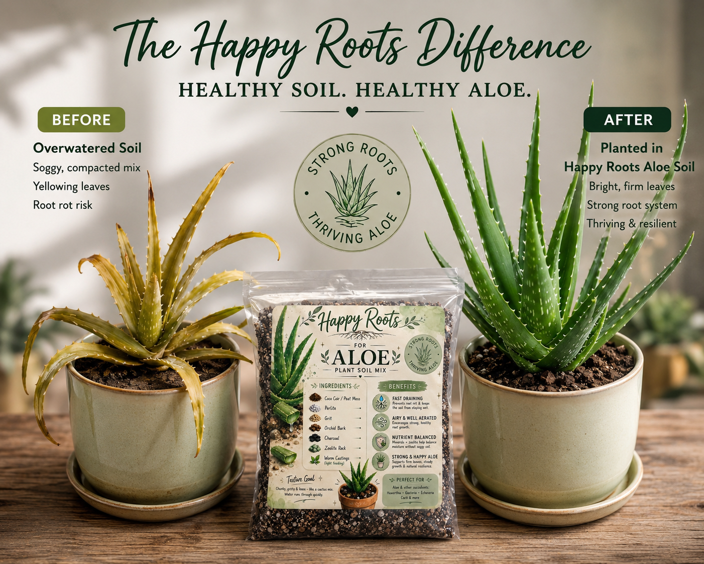 Happy Roots Aloe Vera Blend Potting Mix | Airy & Chunky Blend Soil 1.2 Quarts 5 Cups