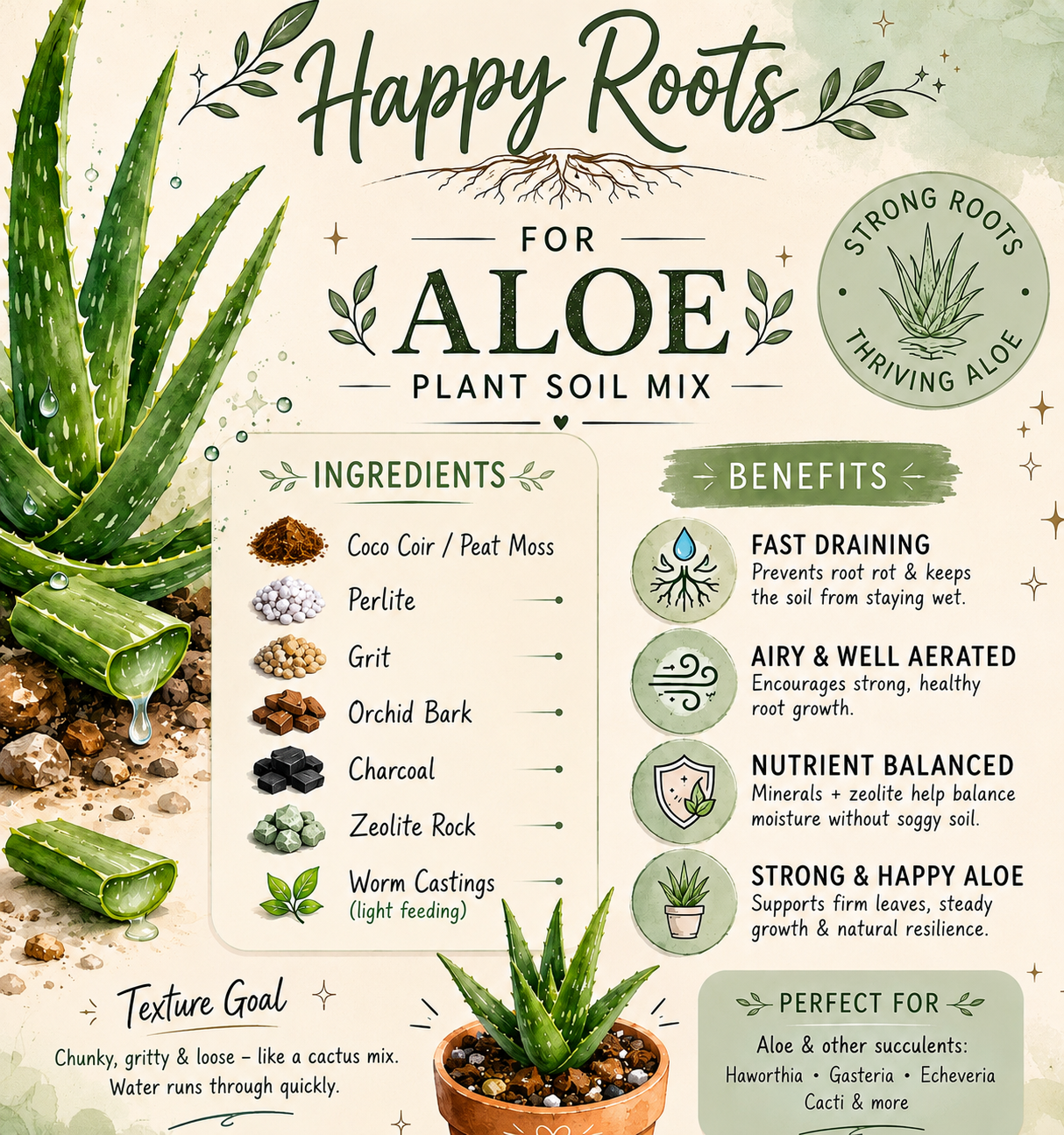 Happy Roots Aloe Vera Blend Potting Mix | Airy & Chunky Blend Soil 1.2 Quarts 5 Cups