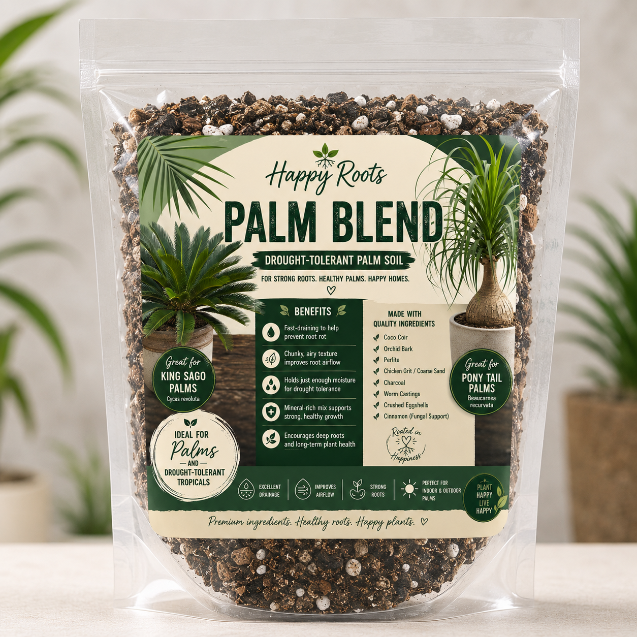 Happy Roots Palm Blend – Drought-Tolerant Palm Soil Mix | Fast Draining Soil for Sago Palms, Ponytail Palms & Tropical Plants