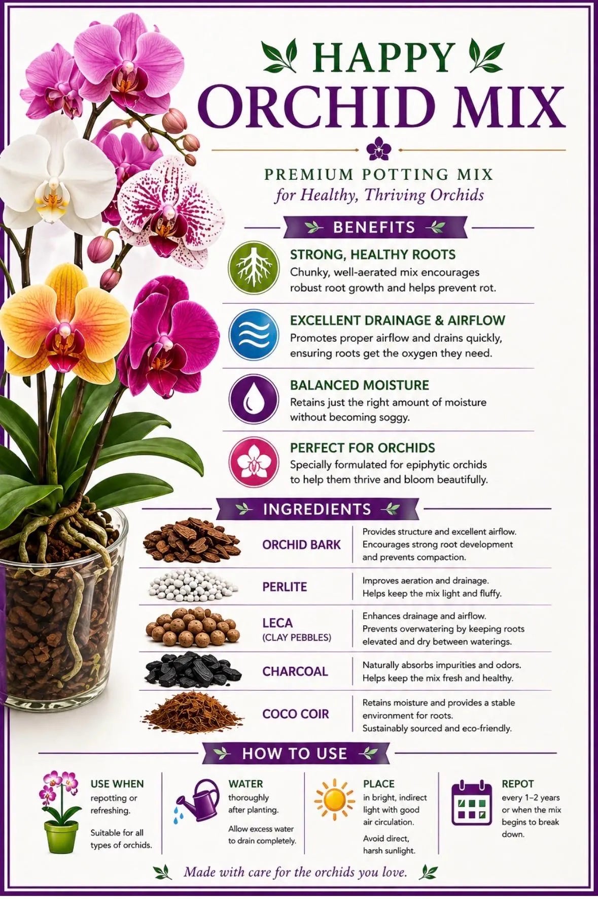 13 Ounces (1.3 Quarts) Happy Orchid   Mix | Premium Homemade Soil for Fast-Draining Orchid Plants