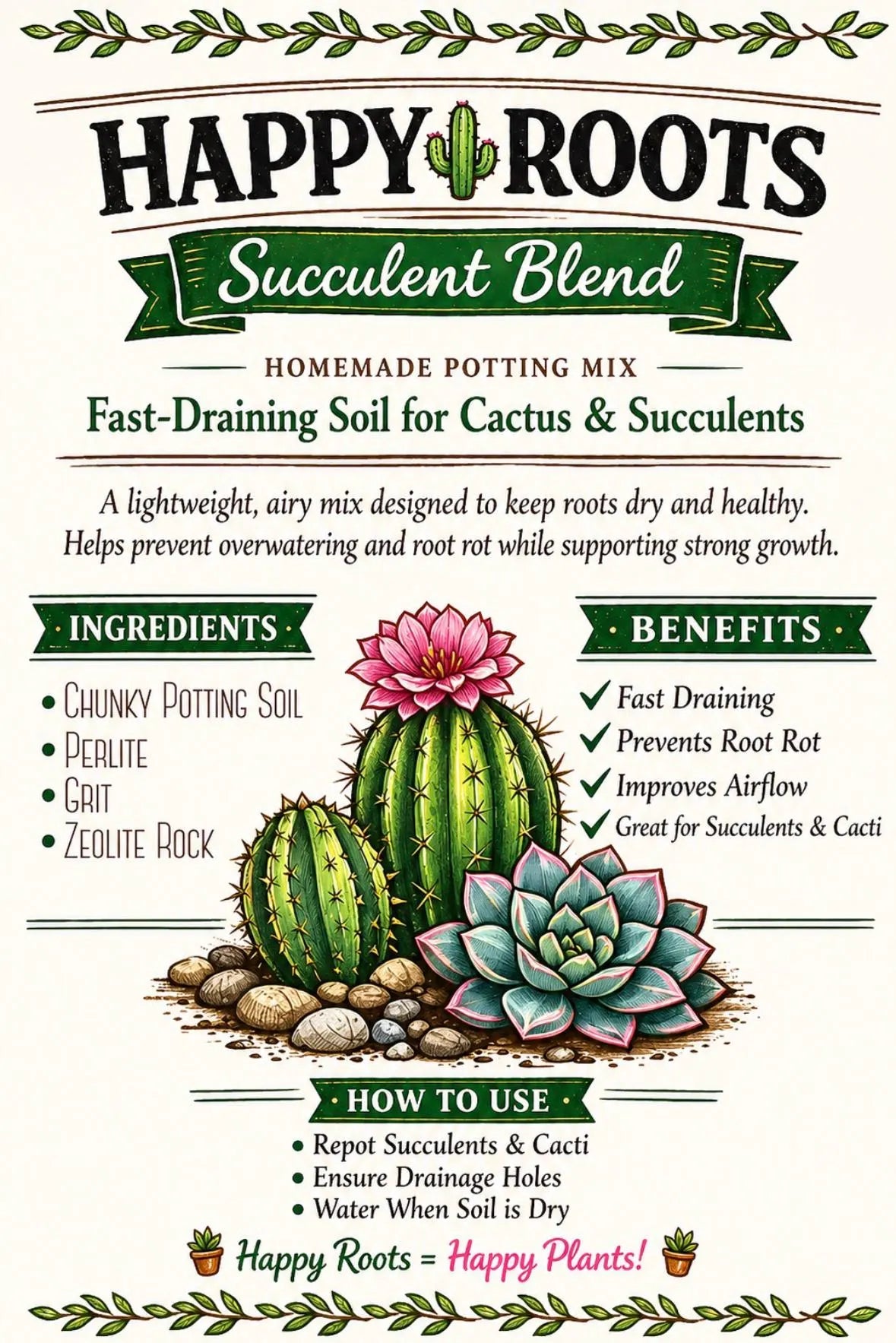 Happy Roots Succulent Blend Potting Mix | Premium Homemade Soil for cactus Fast-Draining Soil 1.5 Quart