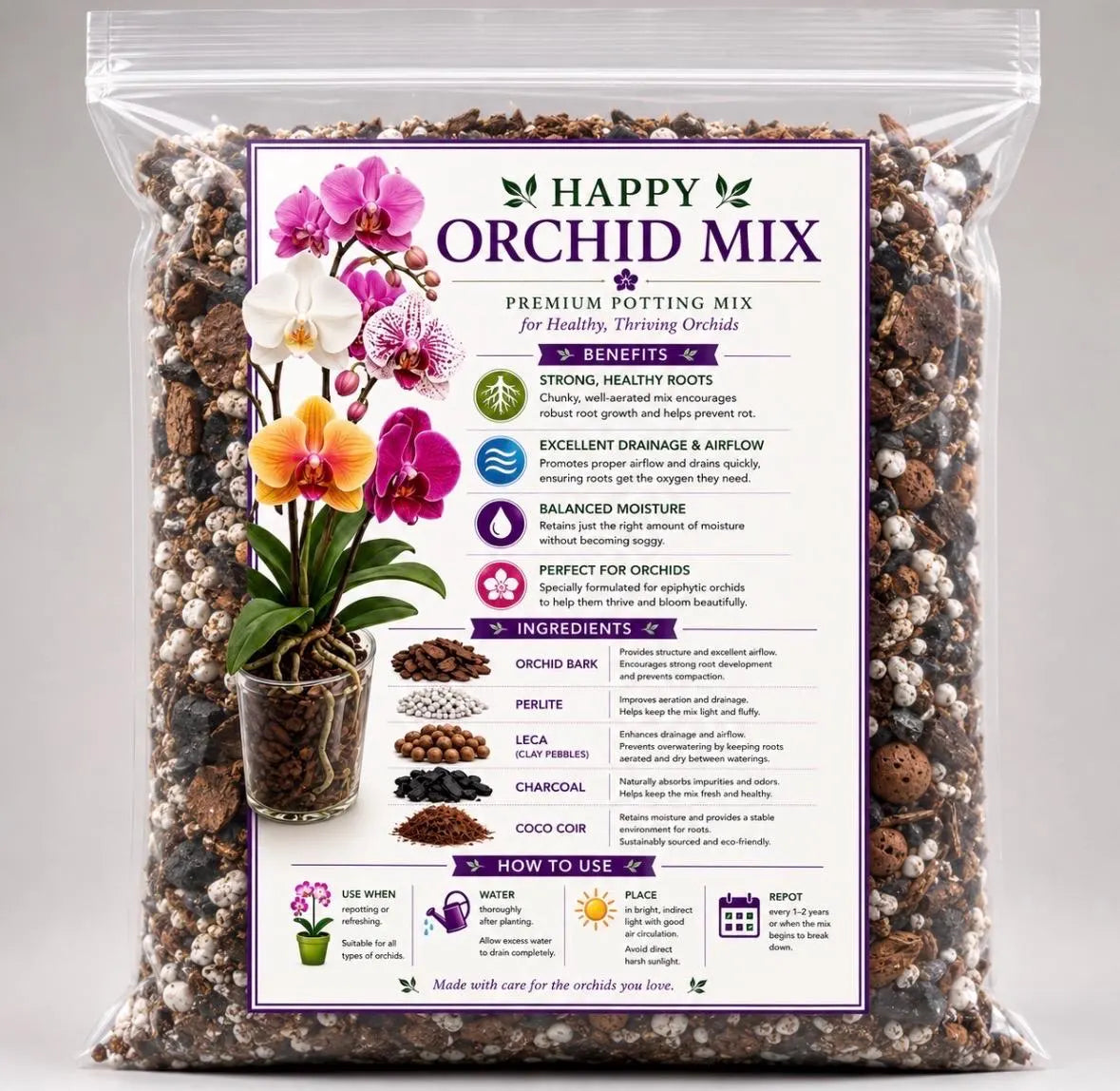 13 Ounces (1.3 Quarts) Happy Orchid   Mix | Premium Homemade Soil for Fast-Draining Orchid Plants