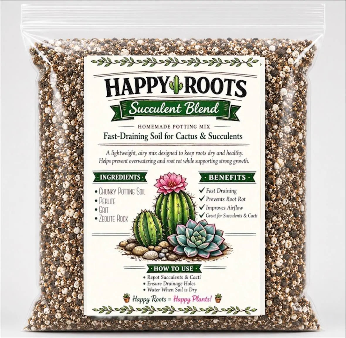 Happy Roots Succulent Blend Potting Mix | Premium Homemade Soil for cactus Fast-Draining Soil 1.5 Quart