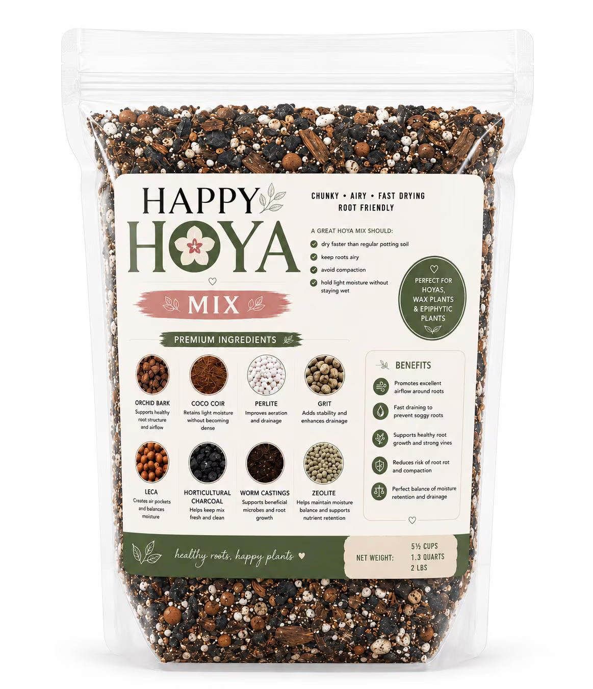 Happy Hoya Mix | Chunky Fast-Draining Soil for Hoyas & Wax Plants | Airy Orchid Bark Potting Mix | 2LB Bag 1.3 Quarts